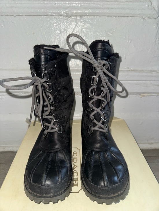 Coach Shoes - Coach Black Lace-Up Duck Boots with Gray Laces and Quilted Sides